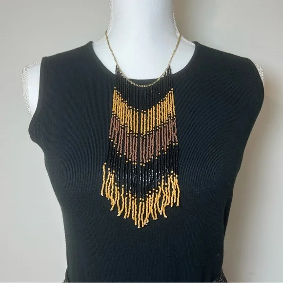 Handmade Artisan Ombre Seed Bead Necklace Bohemian Fringe Black/Brown/Yellow ✨🤎 - Picture 2 of 8